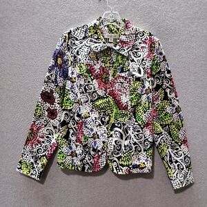 Coldwater Creek Women Jacket Small White Floral Pockets Full Zip Long Sleeve
